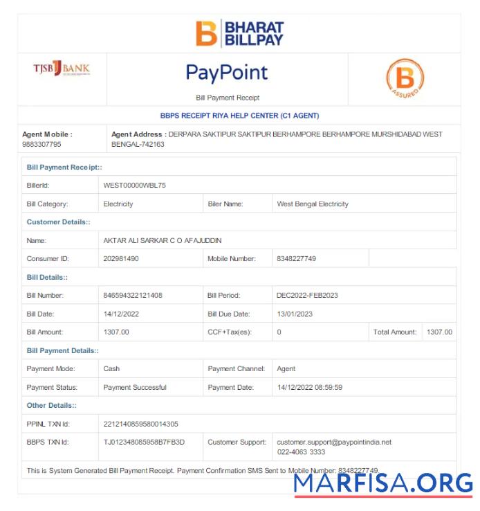 Realistic INDIA WEST BENGAL ELECTRICITY utility bill Word and PDF template